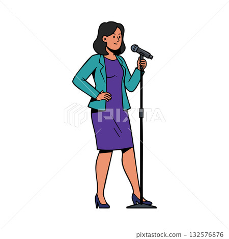 Woman standing in purple dress and teal jacket speaking into microphone vector illustration Woman standing in purple dress and teal jacket speaking into microphone vector illustration 132576876