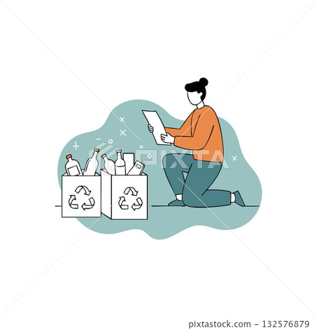 Person Sorting Recyclable Bottles and Paper for Environmental Recycling Awareness Illustration Person Sorting Recyclable Bottles and Paper for Environmental Recycling Awareness Illustration 132576879