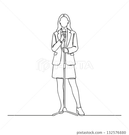 Woman standing with microphone on stand minimalist line art vector illustration Woman standing with microphone on stand minimalist line art vector illustration 132576880