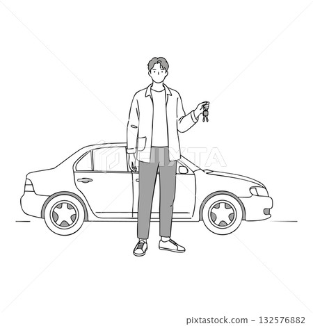 Man holding car keys standing near sedan vehicle in casual outfit vector illustration 132576882