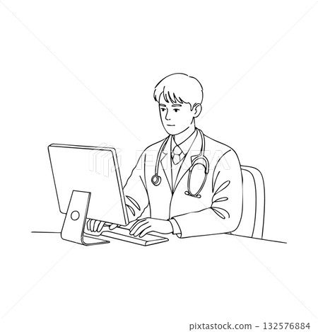 Male doctor working on computer with stethoscope sitting at desk vector illustration 132576884