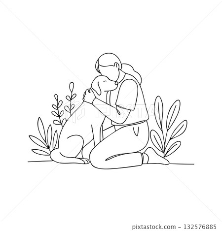 Woman hugging dog tenderly in nature line art pet care vector illustration 132576885