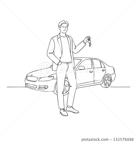 Man holding car keys standing near sedan vehicle line art vector illustration Man holding car keys standing near sedan vehicle line art vector illustration 132576886
