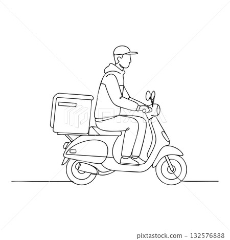 Delivery person riding scooter with cargo box urban transportation vector illustration 132576888
