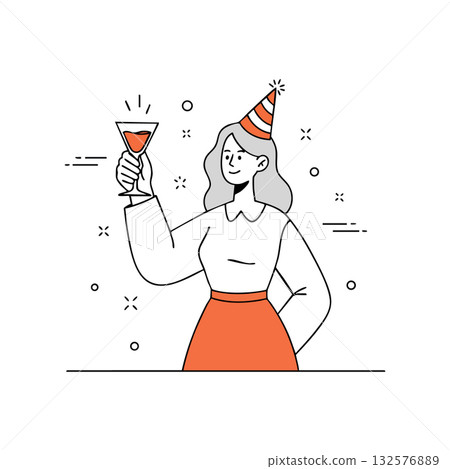 Woman celebrating with cocktail glass and party hat in minimal style vector illustration Woman celebrating with cocktail glass and party hat in minimal style vector illustration 132576889