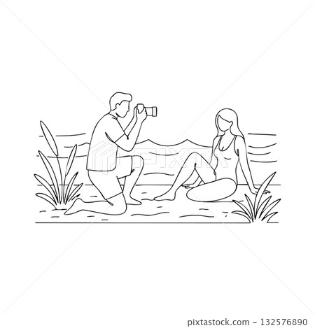 Man taking photo of woman sitting on beach shore with plants and waves vector illustration 132576890