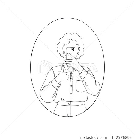 Person Taking Mirror Selfie with Thumb Up Gesture in Outline Style Vector Illustration Person Taking Mirror Selfie with Thumb Up Gesture in Outline Style Vector Illustration 132576892