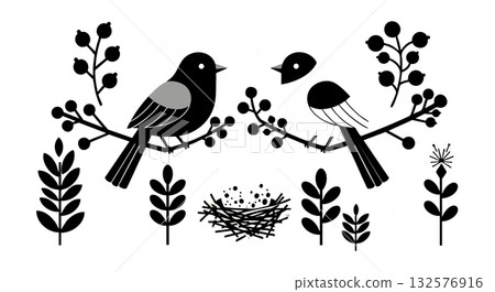 Black and white birds sitting on branches with nest and leaves vector illustration 132576916