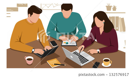 Group of colleagues working together using laptops and tablets in office environment 132576917