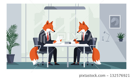 Fox Business Meeting Illustration with Professional Animal Characters in Office Scene 132576921