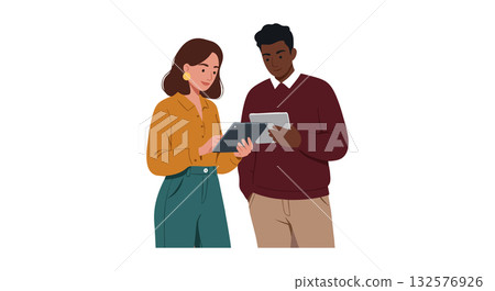 Two people collaborating using digital tablets in casual clothing vector illustration Two people collaborating using digital tablets in casual clothing vector illustration 132576926