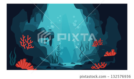 Underwater Cave Scene with Blue Lighting and Red Coral Reef Vector Illustration 132576936