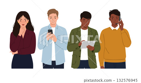 Diverse group of young people using mobile devices and thinking in casual clothes 132576945