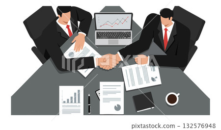 Businessmen shaking hands at office desk with documents and laptop illustration Businessmen shaking hands at office desk with documents and laptop illustration 132576948