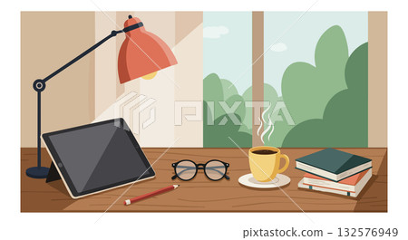 Desk workspace with tablet coffee glasses and books near window vector illustration 132576949