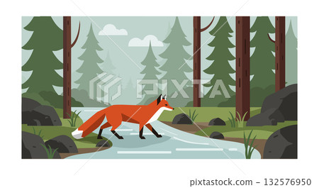Red Fox Walking Along Forest Stream Surrounded by Pine Trees and Rocks Vector Illustration 132576950
