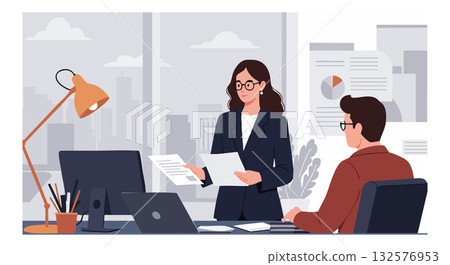 Businesswoman presenting report to colleague in modern office workspace vector illustration 132576953