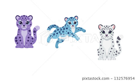 Cartoon style purple blue and white snow leopard cubs sitting and jumping vector illustration 132576954