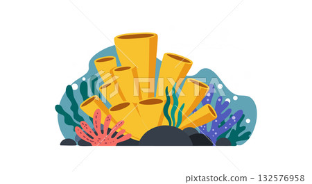 Yellow Tube Coral and Colorful Underwater Sea Plants Vector Illustration 132576958