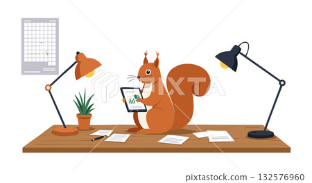Squirrel working on tablet with desk lamps calendar and papers vector illustration Squirrel working on tablet with desk lamps calendar and papers vector illustration 132576960