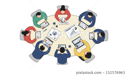 Business Team Collaboration Meeting with Digital Devices and Data Charts Around Table Business Team Collaboration Meeting with Digital Devices and Data Charts Around Table 132576963