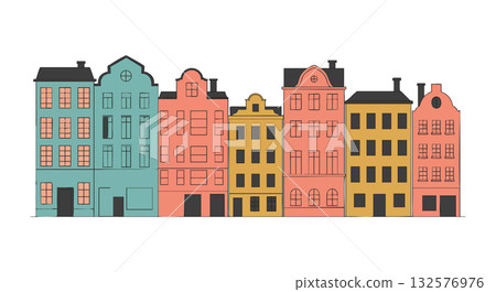 Colorful row of historic European-style houses vector illustration in pastel colors Colorful row of historic European-style houses vector illustration in pastel colors 132576976