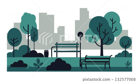 Urban park benches with green trees and city skyline background vector illustration Urban park benches with green trees and city skyline background vector illustration 132577008