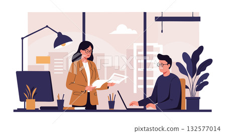 Office meeting with businesswoman and man discussing documents in modern workspace vector 132577014