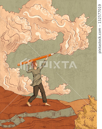 Girl with a pencil drawing a cloud 132577019