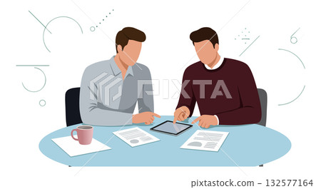 Two men collaborating on tablet and documents at office desk vector illustration Two men collaborating on tablet and documents at office desk vector illustration 132577164