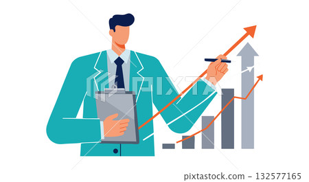 Businessman presenting growth chart with upward arrows in teal suit and tie vector illustration 132577165