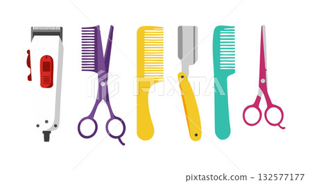 Hairdressing tools set with scissors combs and clipper vector illustration Hairdressing tools set with scissors combs and clipper vector illustration 132577177
