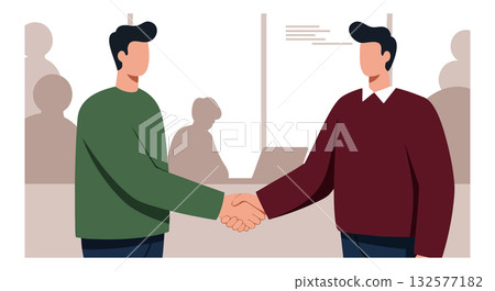 Two Men Handshake Agreement Business Meeting Vector Illustration with Casual Clothing 132577182