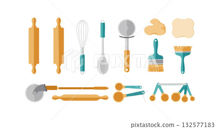 Kitchen tools and utensils collection with rolling pins whisks spoons and brushes vector illustration 132577183