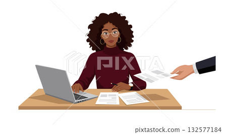 Woman working at desk with laptop and paperwork in office setting vector illustration Woman working at desk with laptop and paperwork in office setting vector illustration 132577184