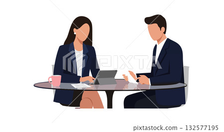 Business people meeting at round table with digital tablet and coffee cup vector illustration Business people meeting at round table with digital tablet and coffee cup vector illustration 132577195