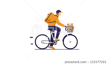 Delivery person riding bicycle with orange backpack and shoes illustration fast moving vector 132577201