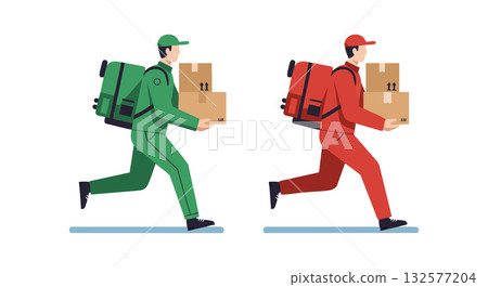 Delivery courier running with backpack and parcels in green and red uniform vector illustration 132577204