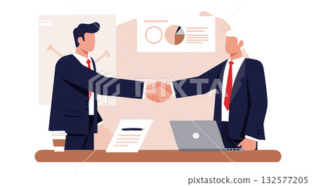 Businessmen shaking hands in office with laptop and documents vector illustration 132577205