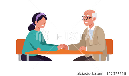 Elderly man and young woman holding hands sitting at table vector illustration 132577216