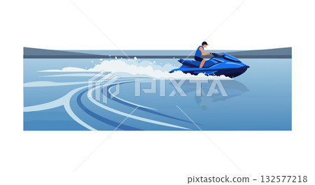 Jet Ski Rider on Calm Blue Water Creating Waves Vector Illustration 132577218