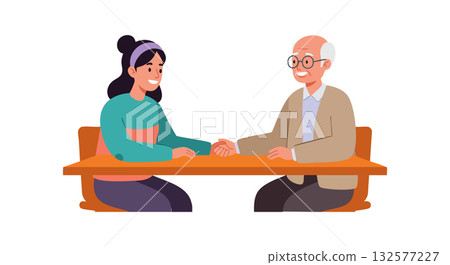 Elderly man and young woman holding hands sitting at table vector illustration 132577227