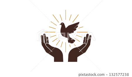 Hands releasing dove symbolizing peace and freedom with golden light rays vector illustration 132577238