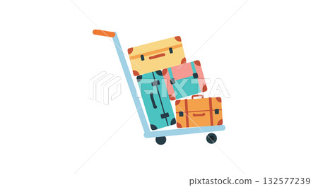 Hand Truck with Colorful Luggage Bags Stacked for Travel and Transport Purposes 132577239