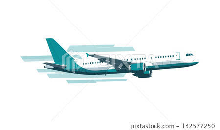 Commercial airplane flying in clear sky vector illustration with teal and white colors 132577250