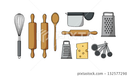 Kitchen utensils set with rolling pins, graters, whisk, wooden spoon, measuring spoons, cheese, and pot vector illustration 132577298