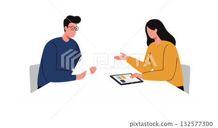 Two People Discussing Business Ideas with Digital Tablet in Modern Office Vector Illustration Two People Discussing Business Ideas with Digital Tablet in Modern Office Vector Illustration 132577300
