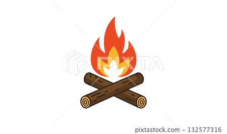 Campfire with burning logs vector illustration in bright orange and yellow flames 132577316
