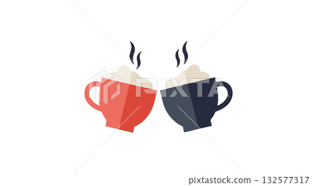 Two steaming coffee cups in red and black vector illustration for beverage and lifestyle designs 132577317