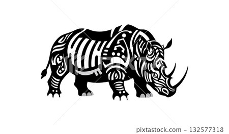 Ornamental stylized rhinoceros vector with tribal patterns and decorative elements Ornamental stylized rhinoceros vector with tribal patterns and decorative elements 132577318